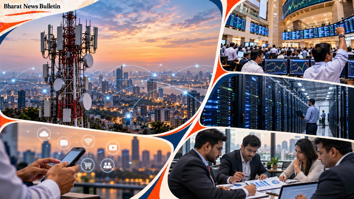 Jio Platforms IPO and Indian stock market represented by telecom infrastructure and financial trading screens
