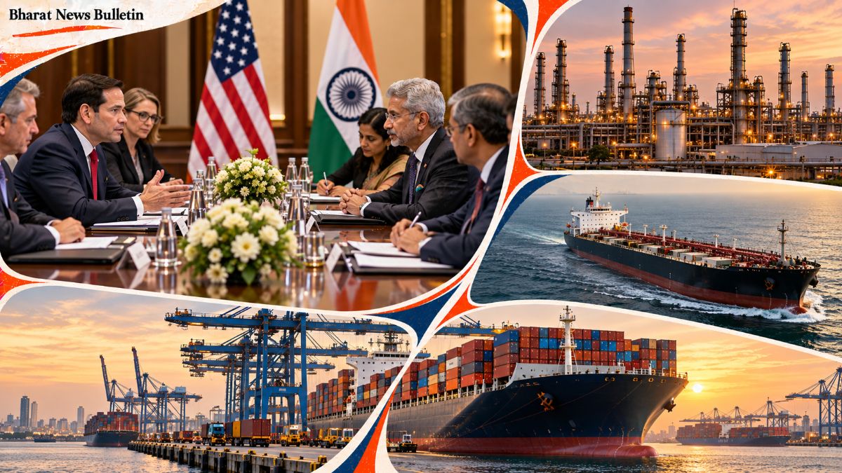 US and Indian officials meeting with an oil refinery and cargo port representing trade and energy cooperation