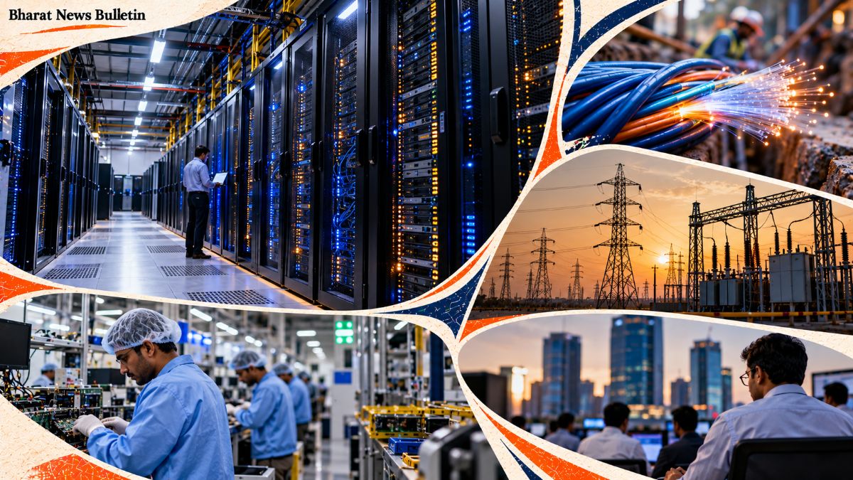 Optical fibre cables, data-centre servers and power infrastructure illustrating India's AI-linked stock rally.