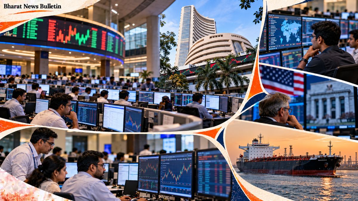 Indian stock market trading screens and financial analysts as IT shares support benchmarks amid global rate concerns.