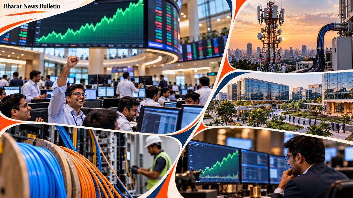 Indian stock market and Jio Platforms IPO represented by a financial trading screen and telecom infrastructure