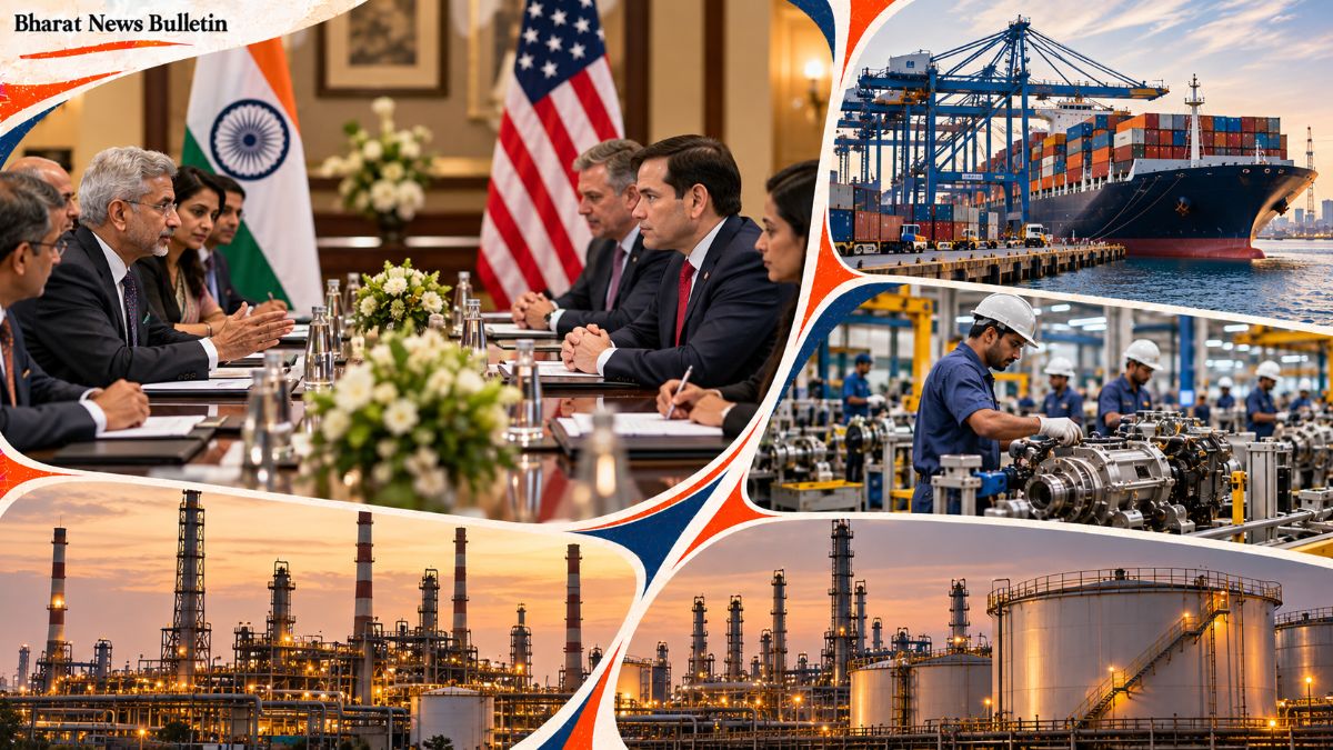 India-US trade discussions represented by Indian and American officials meeting with cargo ships at a port