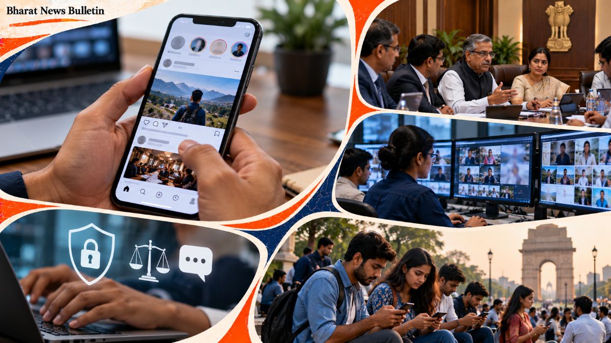 Smartphone showing social media feeds beside digital content moderation screens