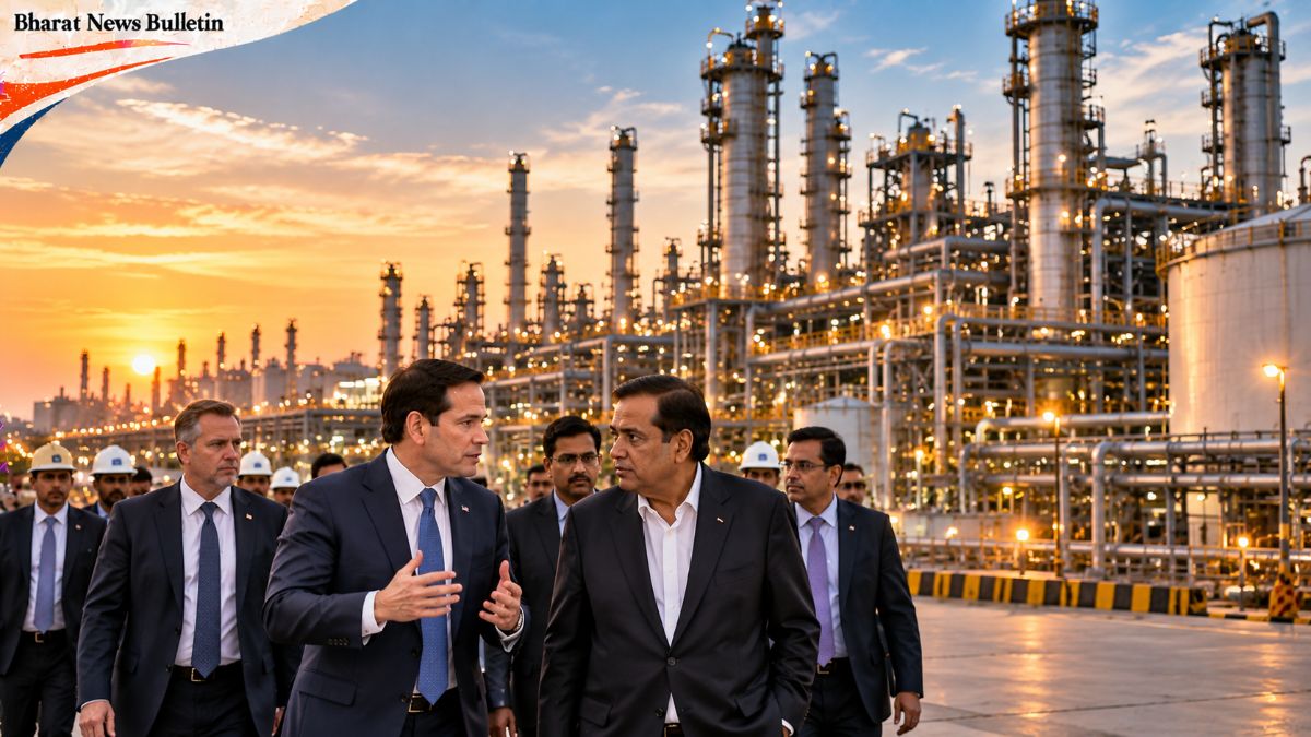 Jamnagar oil refinery representing India-US energy cooperation and global crude oil trade