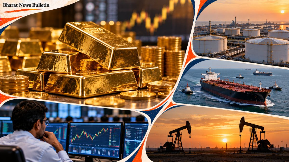Gold bullion bars beside oil barrels representing precious metals and energy market movements